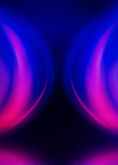 Light neon effect, energy waves on a dark abstract background. Laser colorful neon show. Reflection of light on the asphalt. Night party with clouds of smoke. 3d illustration