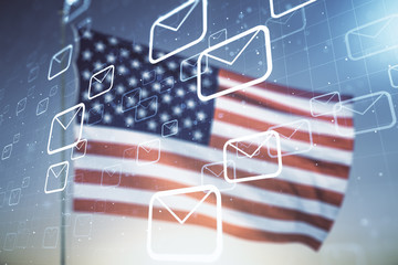 Abstract virtual postal envelopes illustration on US flag and blue sky background. Email and communications concept. Multiexposure