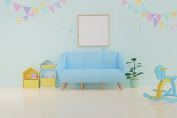 Obraz premium Home interior photo frame mock up on white wall background. Baby room interior. 3D rendering. Minimal style