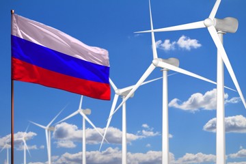 Russia alternative energy, wind energy industrial concept with windmills and flag industrial illustration - renewable alternative energy, 3D illustration