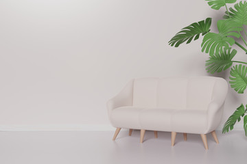 White room with sofa and empty background wall. 3D rendering