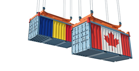 Freight containers with Romania and Canada flag. 3D Rendering 