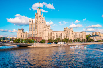 Moscow / Russia - 15 Aug 2020: Panorama of the famous high-rise building in Moscow against the blue...