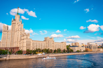 Moscow / Russia - 15 Aug 2020: Panorama of the famous high-rise building in Moscow against the blue...