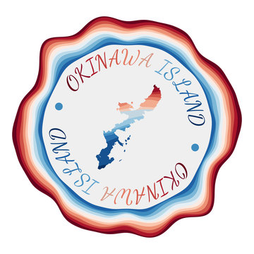 Okinawa Island badge. Map of the island with beautiful geometric waves and vibrant red blue frame. Vivid round Okinawa Island logo. Vector illustration.