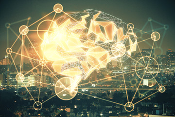 Brain hologram drawing on city scape background Double exposure. Brainstorming concept.