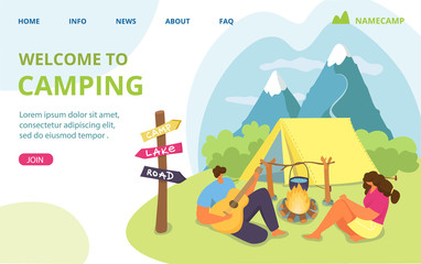 Couple travel with tent, man woman summer vacation at nature camp vector illustration. Cartoon outdoor tourism in forest, people hiking. People character near fire, holiday camping recreation.