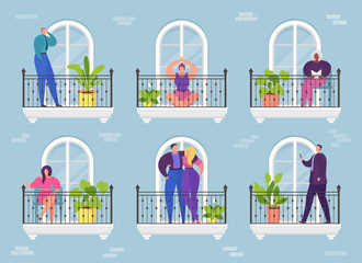 Cartoon woman man in apartment balcony, architecture hotel building vector illustration. Home window to city, house residential neighborhood. Neighbor outside, street facade view design concept.