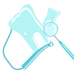 Dental treatment illustration. Drilling machine with nozzle and orthodontics mirror. Root canal filling.Prosthetics or crown concept.Oral cavity disease and curing.Vector poster for stomatology clinic