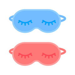 Sleeping mask. Blindfold for travel rest and healthy eye relaxation at night. Blue and red mask for man and woman. Vector illustration