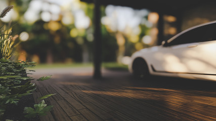 3D rendered blur background with car parked on a wooden floor luxuary home entrance