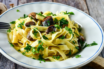 Italian food . Fresh home made  tagliatelle vegetarian  egg pasta  with mushrooms ,parmesan cheese ,fresh parsley  and black pepper.