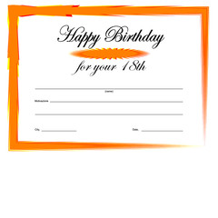 certificate of wishes for over 18 years of age for birthday with text for motivation in vector format in orange color