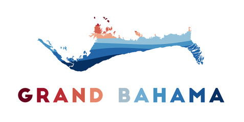 Obraz premium Grand Bahama map. Map of the island with beautiful geometric waves in red and blue colors. Vivid Grand Bahama shape. Vector illustration.