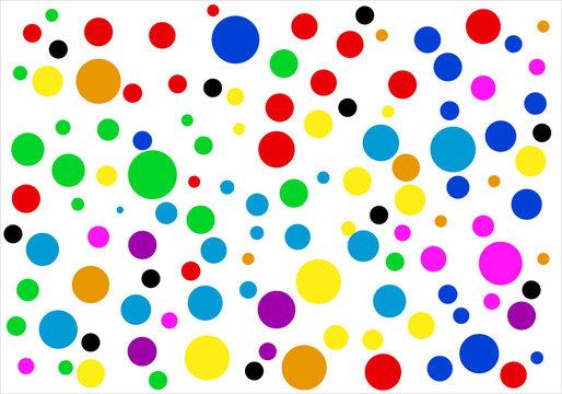 Estampado de lunares o círculos de colores rojo, amarillo, naranja, verde, azul, rosa, fucsia, morado, violeta sobre fondo blanco © Gabrieuskal