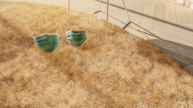 3d rendered disposable surgical face mask lying on furr carpet