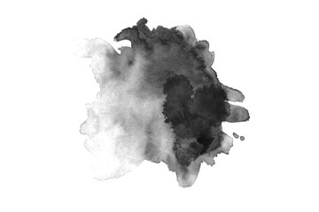Gray black watercolor hand drawn paper splash texture on white background for design, web. Abstract dark color paint element for card, backdrop