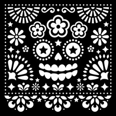 Mexican folk art vector folk art design with sugar skull and flowers, Halloween and Day of the Dead white pattern on black background - greeting card
  
