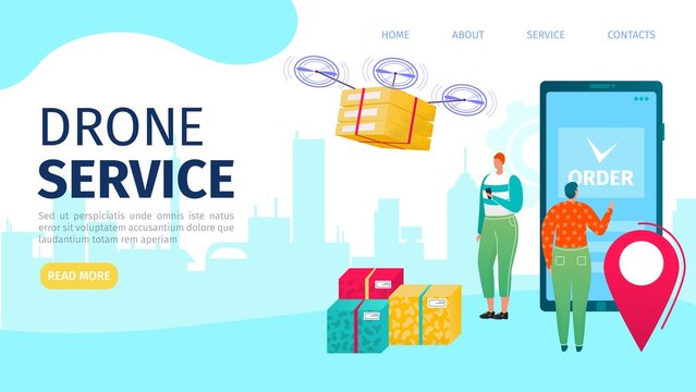 Drone delivery vector illustration set. Cartoon flat delivering service banners with drone transportation, quadcopter transport shipping boxes, flying over modern city, futuristic aerial shipment