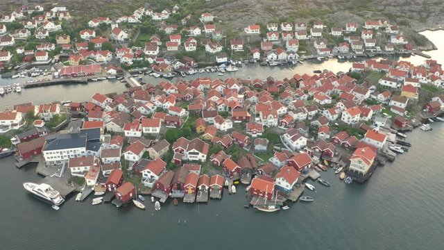 Beautiful coastal village town on the Swedish west coast, aerial view 