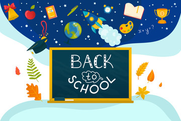 Education chalk drawing at board, slate background concept vector illustration. Back to school white realistic draw, creative return to school sign. Colored animation and organizer activity.