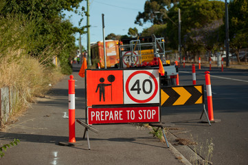 Australia Victoria road sign. Speed limit 40, prepare to stop. © Olha