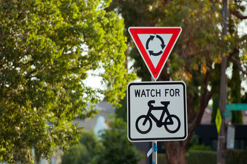 Road sign Australia Melbourne. Roundabout. Watch for bicycles.