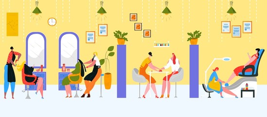 Fototapeta premium Salon for beauty treatment, vector illustration. Business style interior for female people, cosmetic, spa and barber hair service, manicure. Fashion lifestyle work, stylist care about cartoon woman.