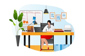 Business person office work table with computer, woman desk workplace design, vector illustration. Flat professional people job, cartoon female with laptop. Young businesswoman employee, worker.