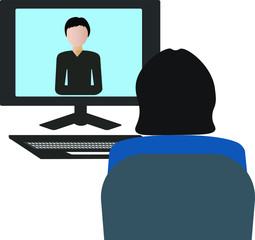 Schoolboy and her teacher during online lesson. Applicable for Online education, Homeschooling, distance learning.  