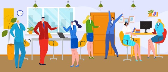 Office business team, people teamwork vector illustration. Creative work group at corporate meeting, company person character near desk. Job with flat laptop, worker at computer design concept.