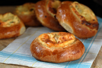 Russian Creamcheese Vatrushka Buns. Sweet buns with cottage cheese and raisins.