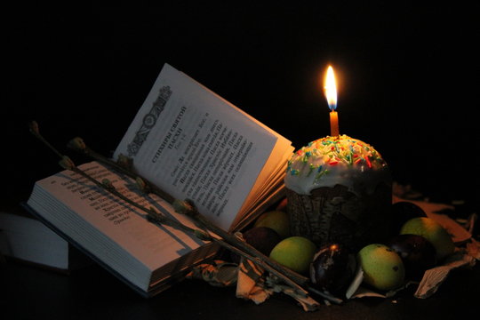 Orthodox holiday Easter still life with kulich and candle