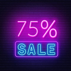 75 percent sale neon sign. Discount. Vector illustration