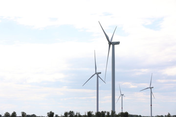 Fototapeta premium Beautiful view of field with wind turbines. Alternative energy source