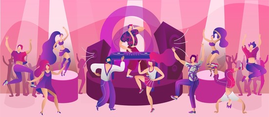 Night club dance party, vector illustration. Disco music for man woman people character at cartoon nightclub concept. Happy nightlife event background, young flat girl boy have fun design.