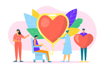 Blood donation, medicine help for hospital concept vector illustration. Donor aid clinic, charity transfusion to huge heart symbol. Volunteer care about medical health, human life by donate design.