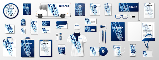 Corporate identity template mockup. Brand blue color abstract geometric mockup on uniform, pack, mug, letterhead, annual report. Realistic Vector Stationery illustration