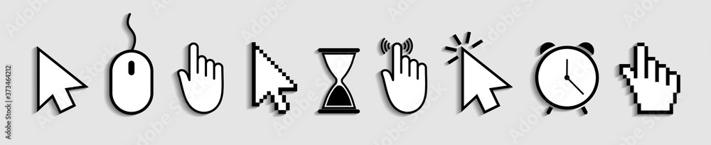 Fototapete Cursor of mouse with arrow, hand and hourglass. Icons of click for web and computer. Finger of pointer for website. Symbol of internet link and press to button. Set of logos for navigation. Vector