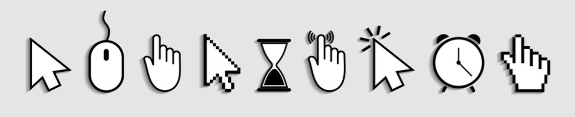 Cursor of mouse with arrow, hand and hourglass. Icons of click for web and computer. Finger of pointer for website. Symbol of internet link and press to button. Set of logos for navigation. Vector