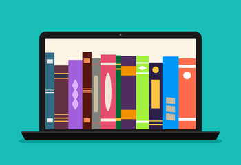 Online library book in laptop. Ebook store in computer. Digital catalog for learn in school. Electronic bookstore of university. Education with help subscription in virtual library. Ebook app. Vector