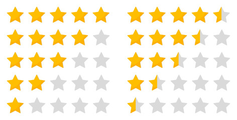 Star rating. Five icon for review and rate. 5 whole stars and 5 half of stars for evaluation. Ranking of quality, hotel. Service for customer. Gold symbols in row for vote on white background. Vector