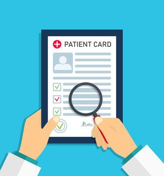 Patient Report In Medical Card. Doctor Record In Medic Form Document. Profile Of Patient On Paper Sheet. Diagnosis After Test Of Health. Hospital Case, Medicine Research. Clinic Prescription. Vector