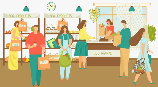 Eco cartoon market for people buy organic flat food, vegetable vector illustration. Woman man character in store, buyer in retail supermarket.Shopping sale in grocery, customer choose natural fruit.