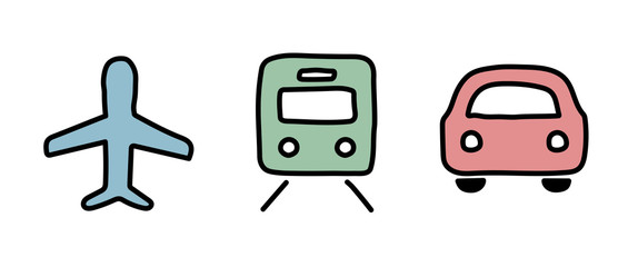 手書きの飛行機、車、電車のアイコンのセット／乗り物／交通機関／シルエット／ビジネス