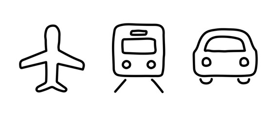 手書きの飛行機、車、電車のアイコンのセット／乗り物／交通機関／シルエット／ビジネス