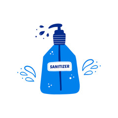 Sanitizer in bottle with pump dispenser and drops vector cartoon, doodle, hand drawn illustration, icon. 