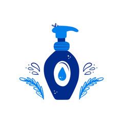 Natural liquid soap, hand sanitizer in bottle with drops and branches decoration. Vector cartoon, doodle, hand drawn illustration, icon. 