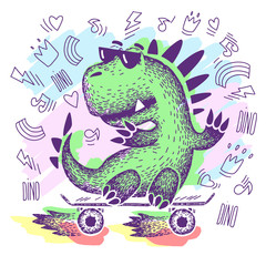 Cute dinosaur with glasses. dinosaur rides on a skate. Cartoon Animal vector illustration for print. cool skater dino character. Skateboard drawing.