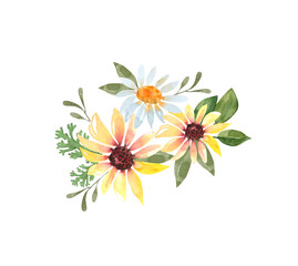 cute bouquet of garden flowers white and yellow daisies, watercolor illustration